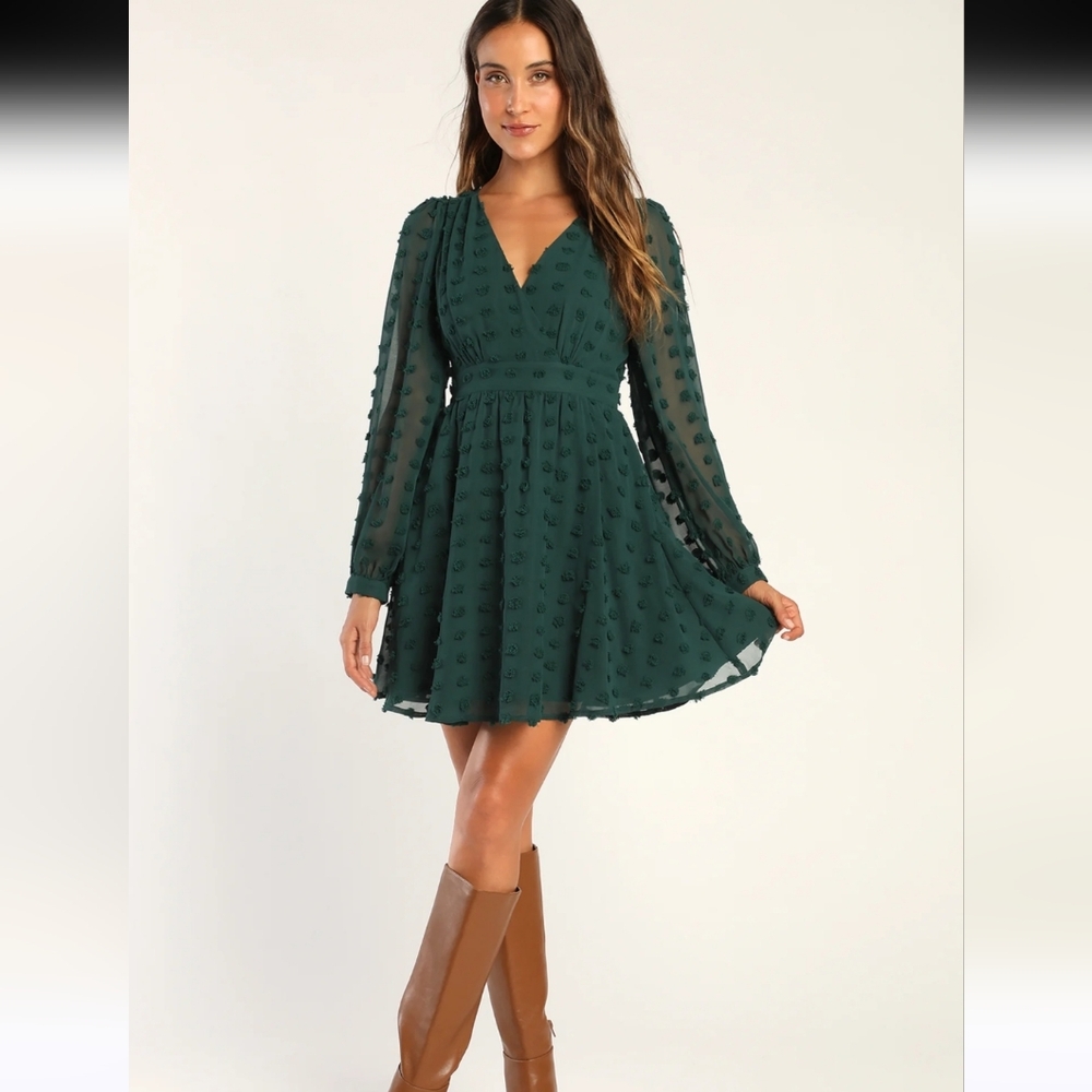 Lulu's Always on Repeat Emerald Green Clip Dot Long Sleeve Mini Dress